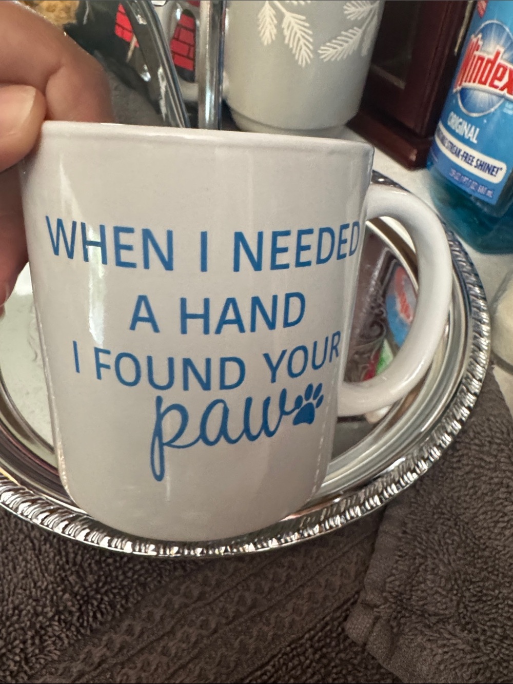 Royal Norfolk White Mug with Blue Sentiment and Paw Graphic